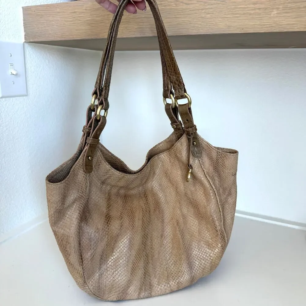 BRAHMIN Snakeskin Embossed Leather‎ Hobo Shoulder Bag Tan Neutral Boho Textured